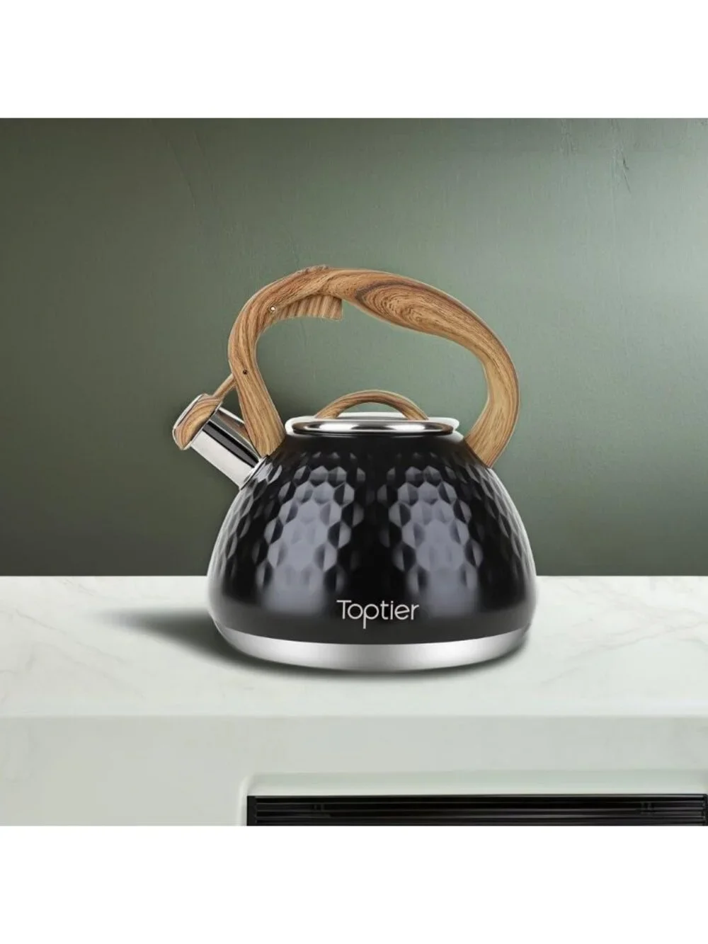 Black Kitchen Whistling Tea Kettle 2.7QT Stainless Steel Diamond Design Stovetop